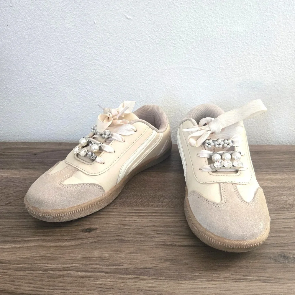 Girls Cream Pearl and Rhinestone Embellished Ribbon Lace Sneakers Size 2
